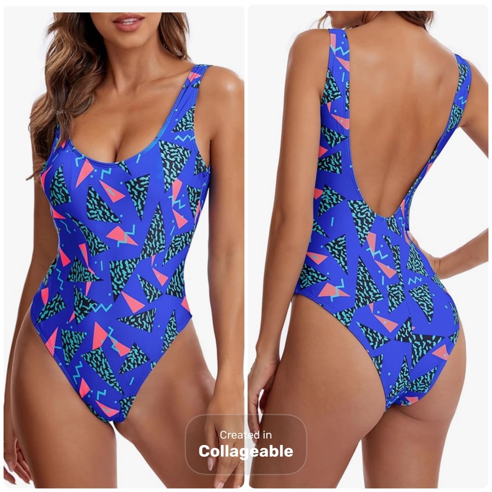 Miaiulia Women’s Vibrant Geometric One-Piece Swimsuit Sz S Retro
